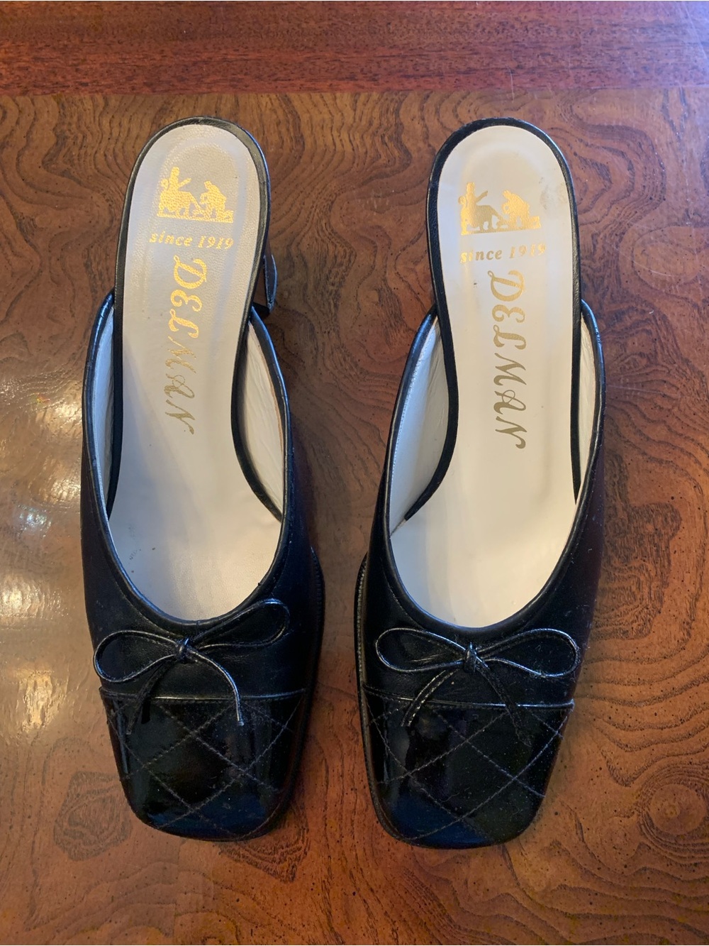 Delman Black Quilted Leather Bow Mules